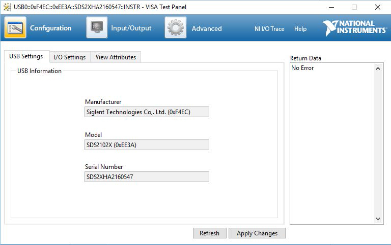 VISA测试面板窗口显示一些有用的信息